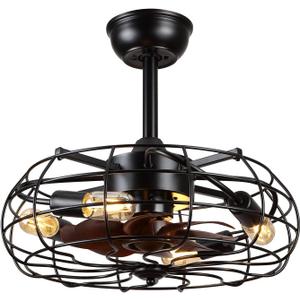 Asyko Caged Ceiling Fans with Lights - Black Outdoor Ceiling Fan with Remote and Reversible Fan Blades, Bladeless Low Profile Fan Light Fixtures for Indoor, Patios, Farmhouse(E26 Bulbs Not Included)