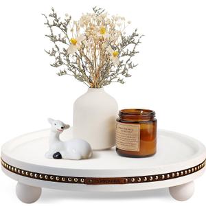 Farmhouse Decorative Round Tray, 11.81 Inch, Versatile Centerpiece Tray for Coffee Table Kitchen Living Room Bathroom, Home Decor Accent White