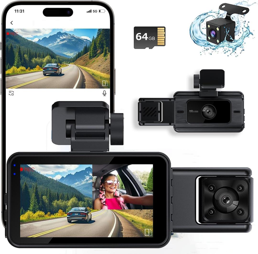 Dash Cam Front and Rear, Dash Camera for Cars, Car Camera with 64GB Card, G-Sensor, 3 IPS Screen, 24Hr Parking, 170Wide Angle, Loop Recording, IR Night VisionG-Sensor