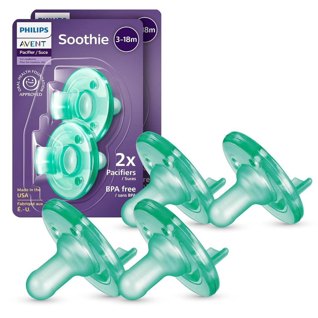Philips Avent Soothie Orthodontic Baby Pacifiers, 100% Silicone Pacifiers, One Piece, BPA-Free, for Babies 3-18 Months, Green, 4 Pack, Model SCF192/45