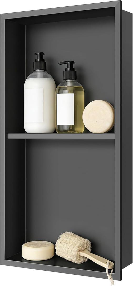 Stainless Steel Shower Niche No Tile Needed 24" X 12" Matte Black, Recessed Wall Niche with Double Shelves, Waterproof Shower Inserts Kit for Bathroom, Insert Tile Ready for Shower Wall