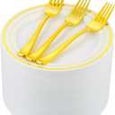 200pcs Gold Dessert Plates with Forks for 100 Guests-100pcs 7.5" Small Plastic Dessert Plates and 100pcs 7.4" Forks-Disposable Cake/Appetizer/Salad Plate for Wedding/Birthday/Party