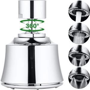 Faucet Sprayer Attachment with 2 Ball Joint, Big Angle Swivel Kitchen Sink Faucet Head Replacement, 4 Spray Models, 55/64-27UNS Famale Thread, Male Thread Adapter Included, Polished Chrome
