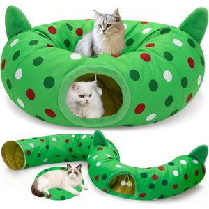 Cat Tunnel Christmas Tree Skirt, 3ft x 3ft x 9.8in Cat Tunnels for Indoor Cats, Grinch Cat Tunnel Bed with Hanging Ball and Cat Ears, Kitten Toys for Indoor Kittens Puppy Rabbit Ferret (Green)
