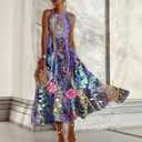 Women's Summer Blue Floral Print Halter Neck Maxi Dress, Boho Sleeveless Flowy Vacation Dress Small