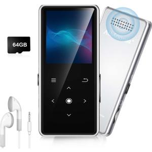 64GB MP3 Player with Bluetooth 5.2, AiMoonsa Music Player with Built-in HD Speaker, FM Radio, Voice Recorder, HiFi Sound, E-Book, Earphones Included, Silver