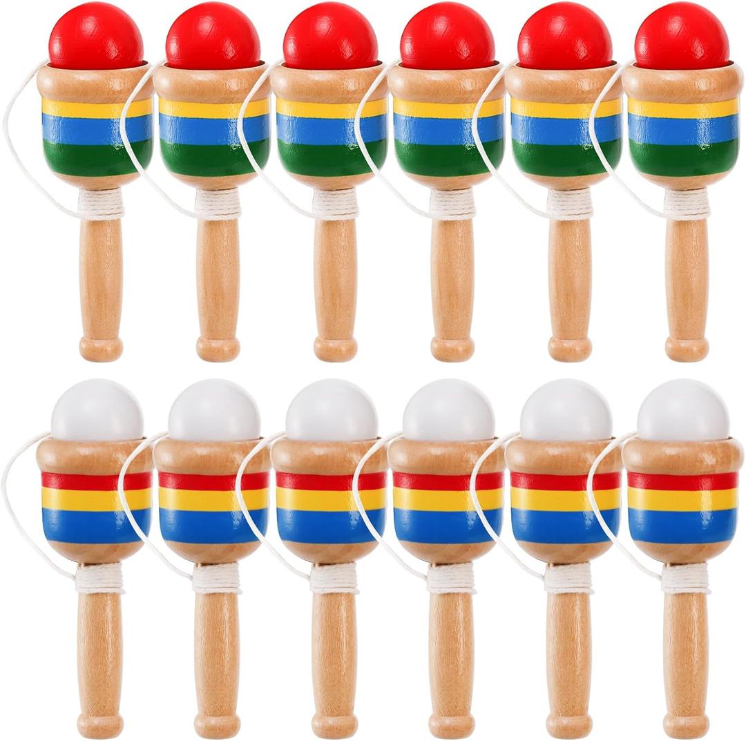 Cididu 12 Pcs Wooden Catch Ball Game, Mini Wood Ball Catching with String Cup, Vintage Catch Toys for Kids, Novelty Fun Party Games for Lawn Camping Beach, Hand Eye Coordination Educational Game