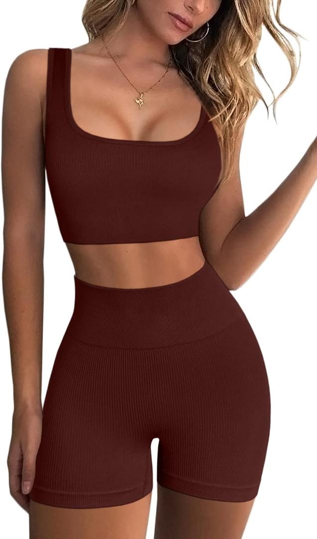 QINSEN Workout Sets for Women 2 Piece Seamless Ribbed Crop Tank High Waist Shorts Yoga Outfits (Large, Coffee)