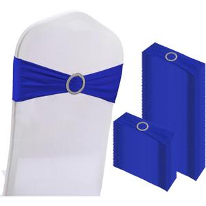 WJWHQ 100PCS Spandex Stretch Chair Sashes Bows Elastic Chair Cover Bands Ties with Buckle Slider for Wedding Party Reception Events Universal Ceremony Banquet Decorations(Royal Blue)