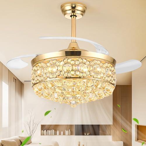 Deliyfans 48" Fandelier Ceiling Fan with Light, Chandelier Ceiling Fans with Lights,Retractable Crystal Ceiling Fan for Bedroom Living Room,6 Wind Speed,3 Color Tempeature-Gold