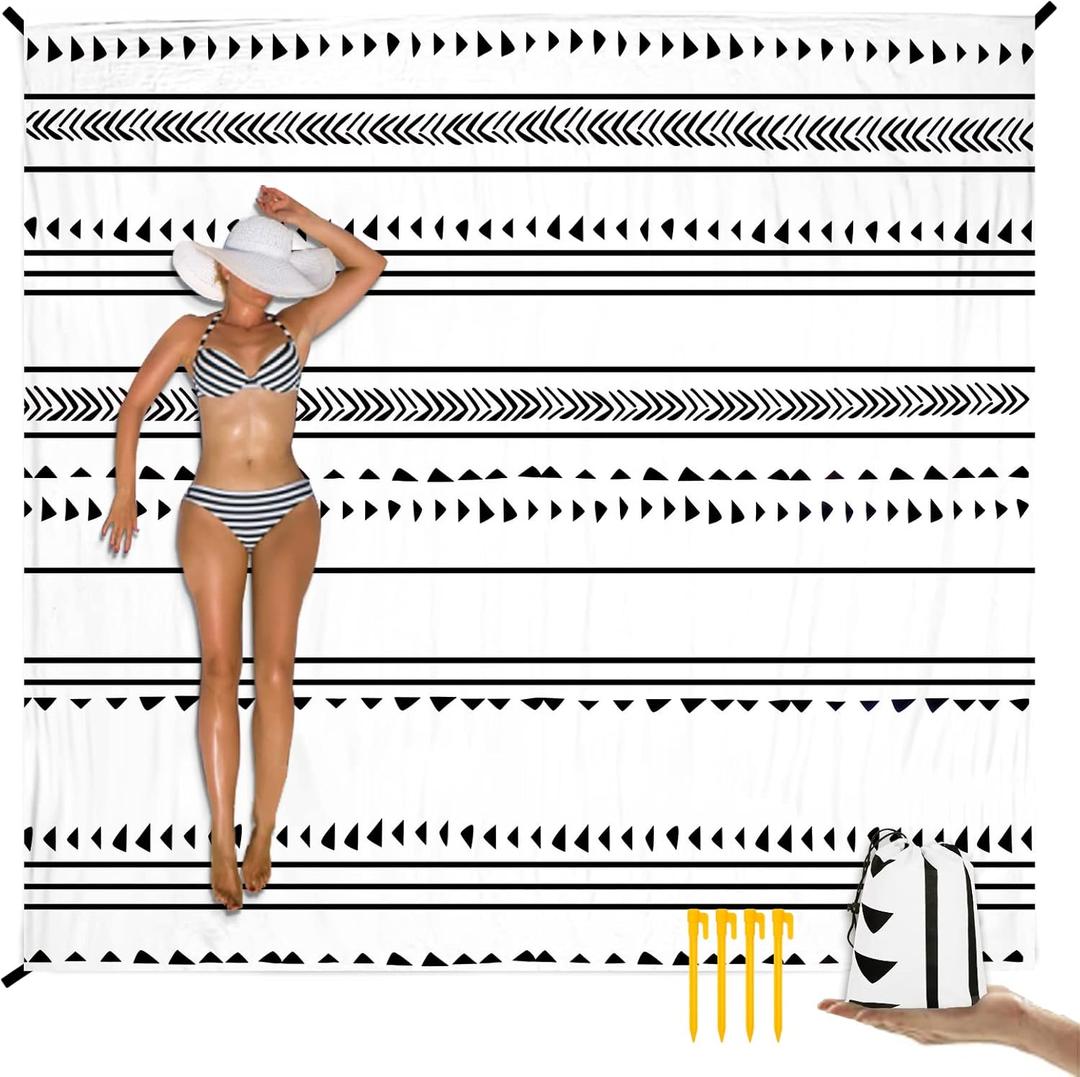 Large Beach Blanket for 1-4 Adults, 78''86'' Waterproof Sandproof Beach Blankets with 4 Stakes & 4 Corner Pockets, Polyester Lightweight Foldable Outdoor Picnic Mat for Travel, Camping, Hiking (6.6x7.2 FT (14 Person), Line White)