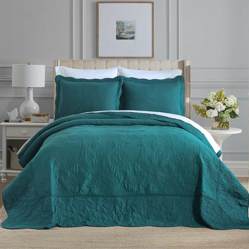 ENASAL Cotton Green Bedspread Quilt Bedding Sets King Size, 3 Pieces Reversible Comforters with Ruffle Edge Coverlets for All Seasons, Paisley Floral Stiching Pattern, Turquoise, King