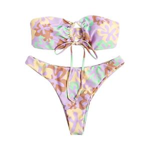 GORGLITTER Women's Strapless Swimsuit Bandeau Floral High Cut Thong Cheeky Sexy Bikini Set,XL
