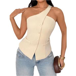 Floerns Women's One Shoulder Sleeveless Suit Vest Blazer Button Down Business Casual Waistcoat, XS