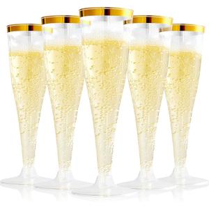 FOCUSLINE 100 Pack Plastic Champagne Flutes, 4.5 Oz Gold Rim Plastic Champagne Glasses, Disposable Clear Toasting Glasses Recyclable Champagne Cups for Wedding Party