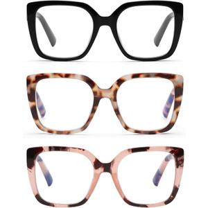 DOOViC 3 Pack Oversized Reading Glasses for Women Blue Light Blocking Square Stylish Computer Readers