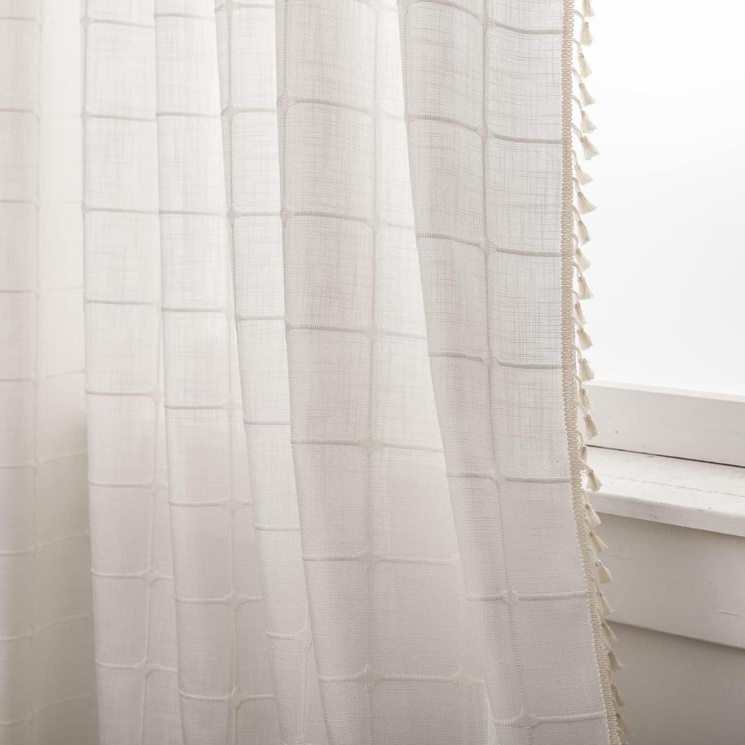 Deeprove White Boho Curtains for Bedroom 84 Inches Long, Cream Checkered Bohemian Chic Textured Embroidery Plaids, Vintage Handmade Tassels Country Decor Drapery, Rod Pocket, 1 Panel W52 x L84