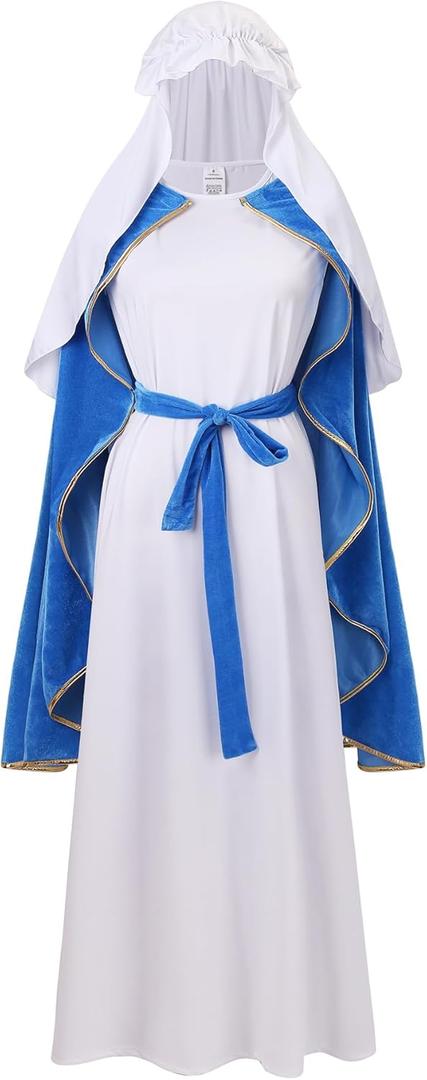 Colorful House Women Virgin Mary Religious Costume Saint Mary Adult Cosplay Biblical Robe (Small, Blue/White)