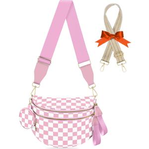 Bum Bags for Women Checkered Crossbody Bag Large Nylon Belt Purse Fanny Packs, Bonus with a Extra Strap
