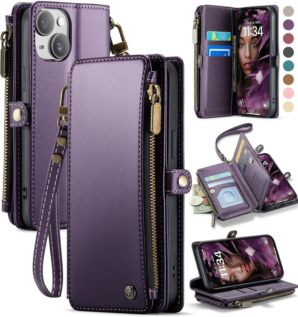 Defencase Compatible with iPhone 15 Case Wallet with RFID Blocking Card Holder for Women and Men, Fashion PU Leather Magnetic Snap Flip Zipper Strap Wallet Phone Case Fit for iPhone 15 6.1", Purple