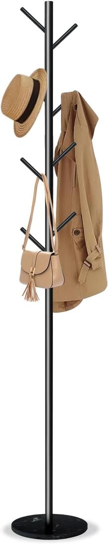 Coat Rack with Natural Marble Base, Metal Freestanding Coat Rack with 8 Hooks, Heavy Duty Coat Hanger Stand for Jacket,Coats,Hats,Scarves & Handbags for Bedroom, Hallway, Entrance,Office,Dorm (Black)