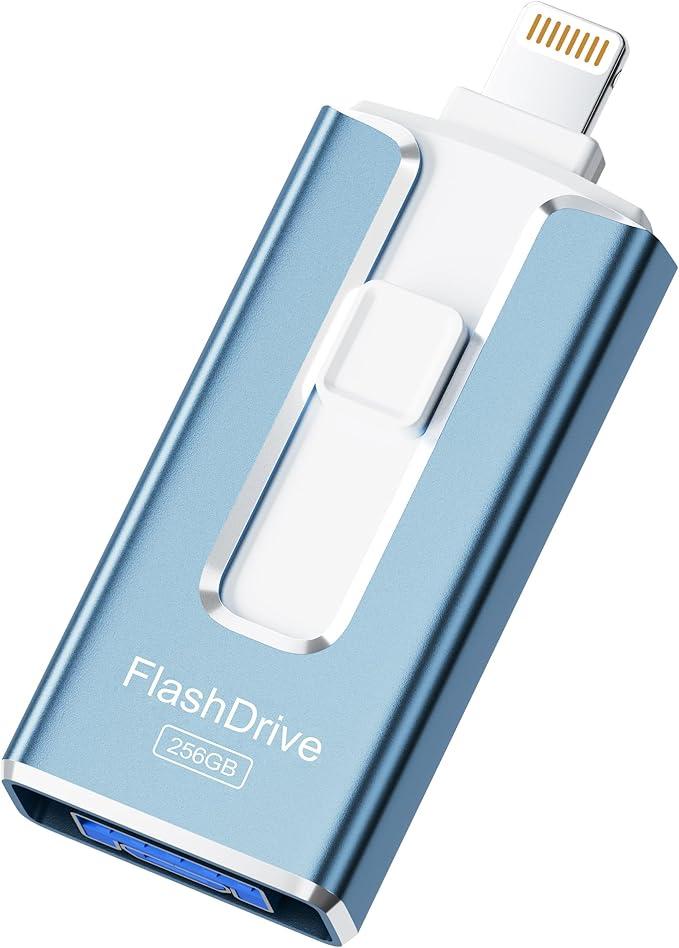 MFi Certified 256GB Flash Drive for iPhone iPad, Photo Stick for External Memory Storage, Easily Back Up and Save Photos Videos, 4 in 1 Memory Stick Thumb Drive for iPhone/iPad/Android/PC (Light Blue)