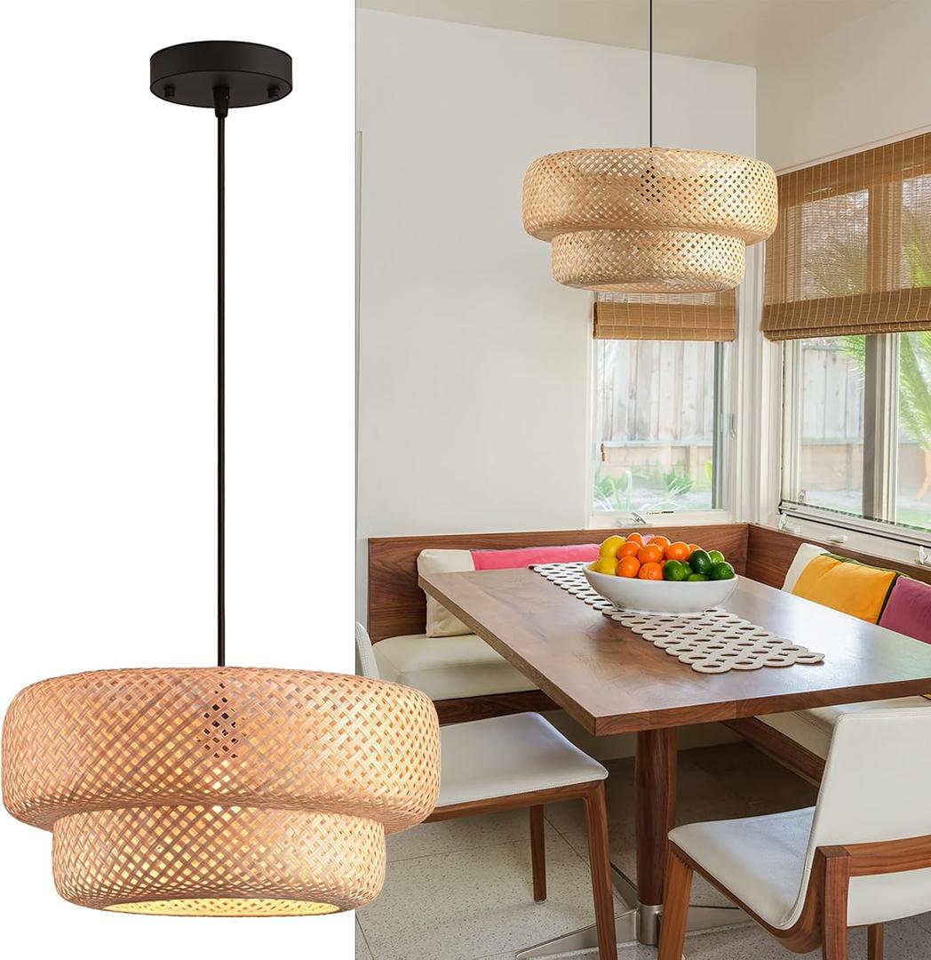 Bamboo Lights Fixtures 14.2in Rattan Pendant Light Kitchen Island 2-Tier Wicker Hanging Lights Boho Dining Room Lighting Woven Chandelier for Bedroom Restaurants Reading Nook Foyer