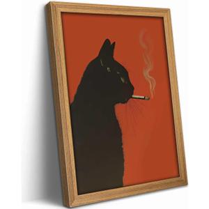 Wood Framed Vintage Black Cat Wall Art Funny Cat Smoking a Cigarette Picture Wall Decor Whimsical Animal Poster Bar Cart Painting Print Artwork for Bar Kitchen Living Room Decoration