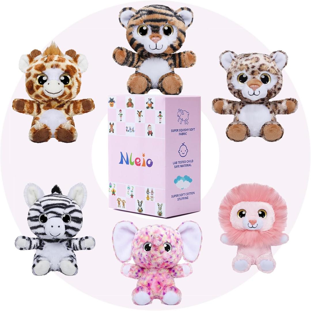 7inch Stuffed Animals Forest Plush Toys, 6 Pieces Super Soft Jungle Animal Stuffed Toys Lion/Giraffe/Elephant/Tiger/Zebra/Leopard Safari Plush Animals for Babies Kids Toys Party Decorations