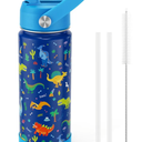 Fimibuke Kids Insulated Water Bottle, 18oz BPA FREE 18/8 Stainless Steel Kid Cup with Straw Travel Tumbler Double Wall Vacuum Leak Proof Toddler Water Bottle for School Boy Girl(1 Pack,Blue Dinosaur)