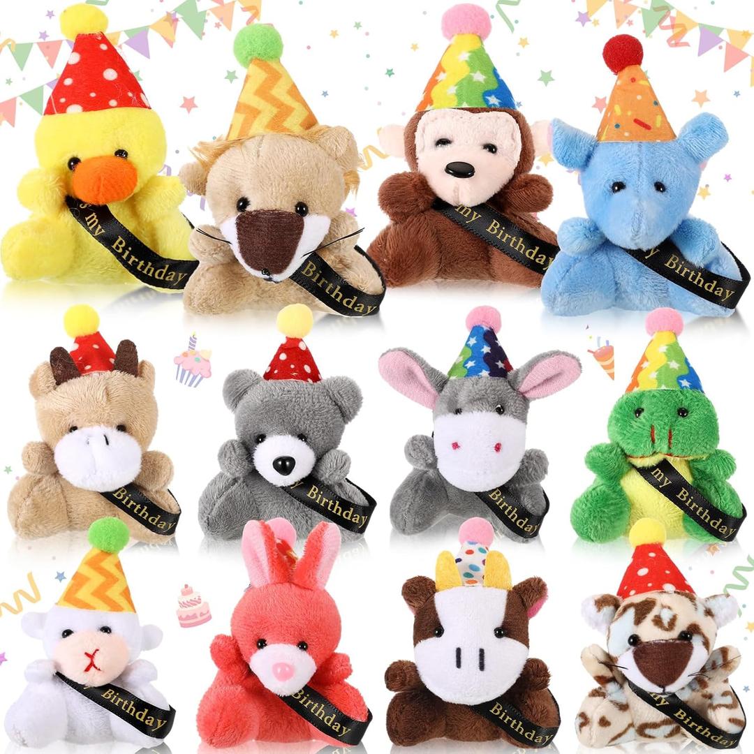Blueweenly 12 Pcs Birthday Mini Plush Toys Small Stuffed Animals with Hat for Student Classroom Reward Gifts, Return Gifts for Birthday Party Goodies Bag Fillers Party Decor