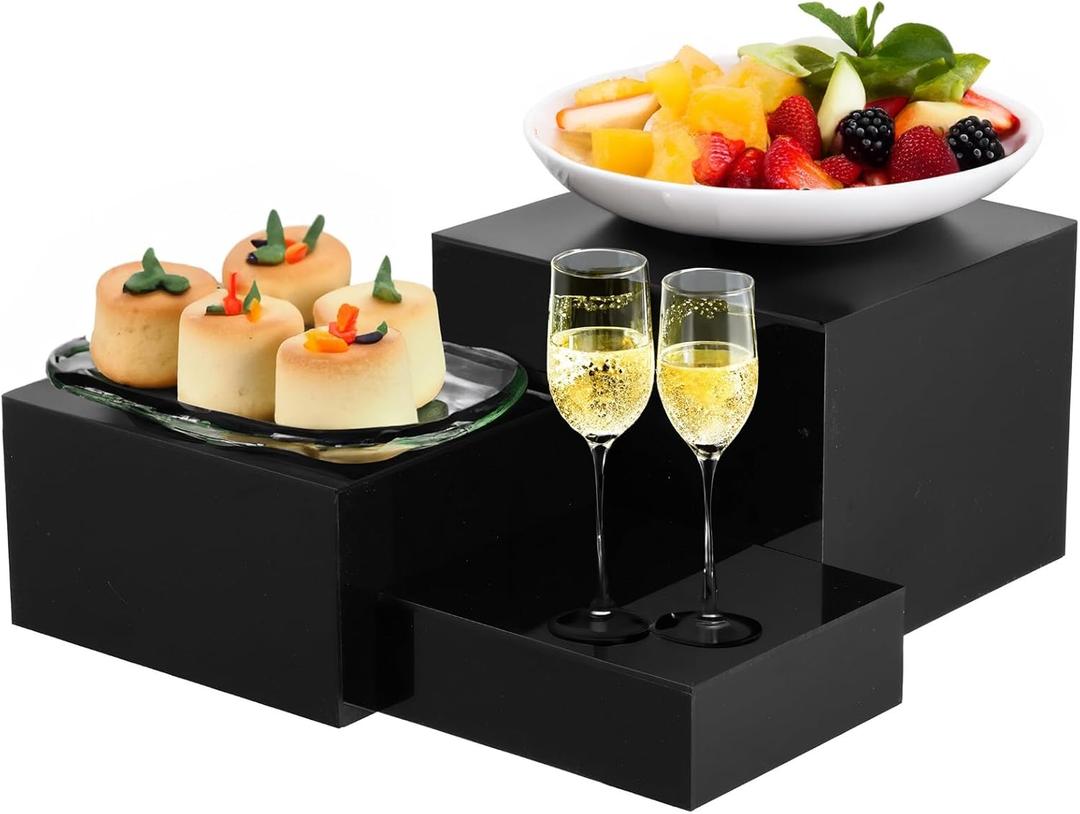 3 PCS Black Buffet Risers, Black Acrylic Food Display Stand, Square Acrylic Risers Display Stands, Mirror-Polished Display Box, Nested Storage Box, Cake Rise Stand for Parties, Birthdays, Weddings