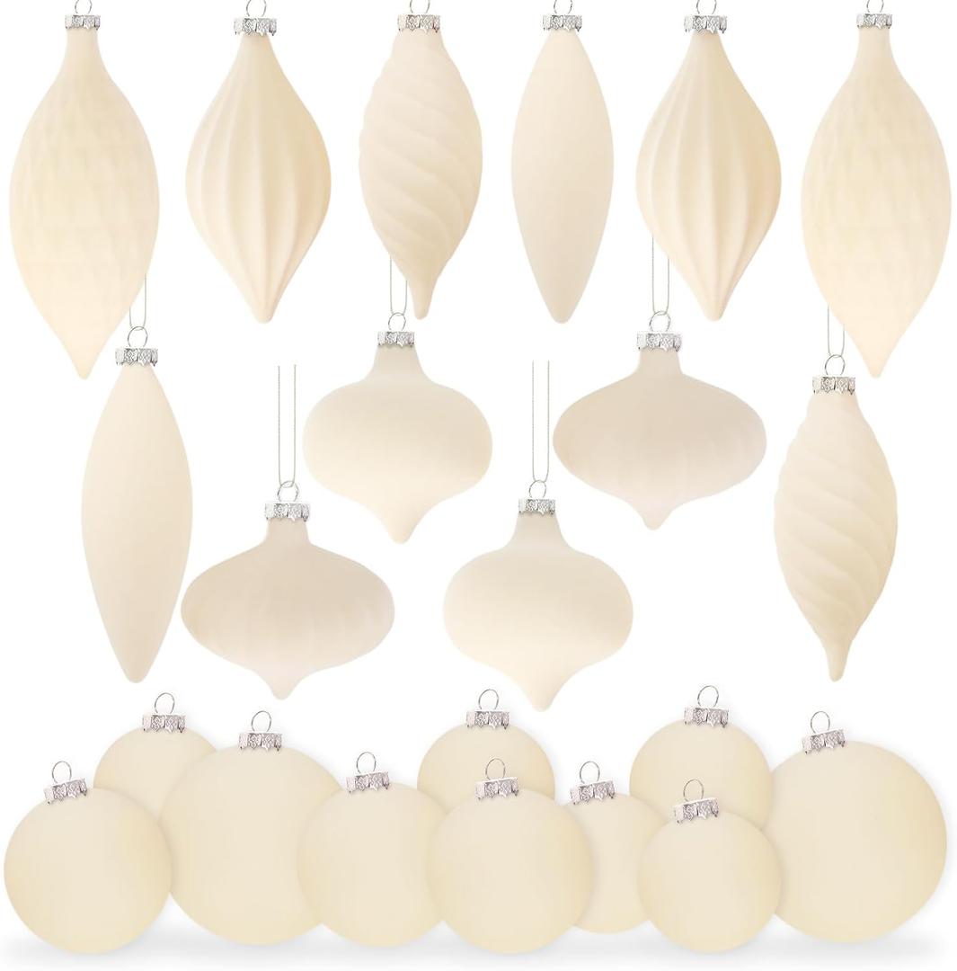 30PCS Velvet Christmas Ornaments Set, Various Shapes Flocked Christmas Ornament Xmas Tree Balls with Hanging Ropes, Shatterproof Plastic Balls Decorations for Holiday Party Indoor Home, Beige