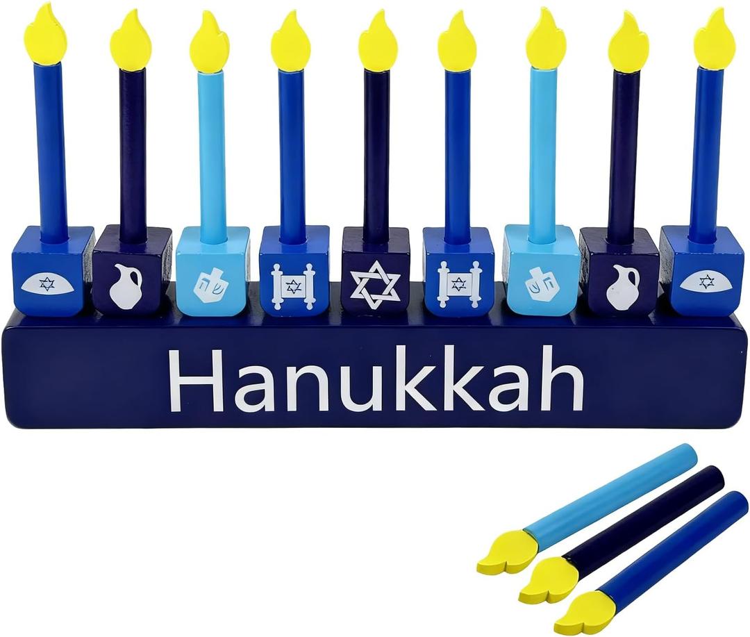 LipLopBest Wooden Menorah Hanukkah Candles - Colorful Chanukah Menorah for Kids Hanukkah Gifts with Removable Wooden Candles - Menorahs Decorations Jewish Holiday Party Favors (Blue)