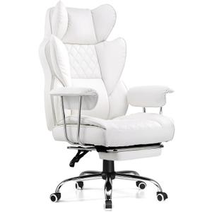 COMHOMA Big and Tall Office Chair, High Back Leather Gaming Chairs with Footrest, Executive Ergonomic Office Chair with Pocket Spring Lumbar Support and with Outward Fixed Soft Armrests (White)
