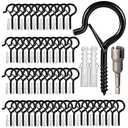 Hooks for Outdoor String Lights, 52 Pack Screw Hooks for Hanging Plants Led Party Lights Garage Wind Chimes, Black Heavy Duty Q Hanger Ceiling with Safety Buckle, Box and Wing Nut Driver