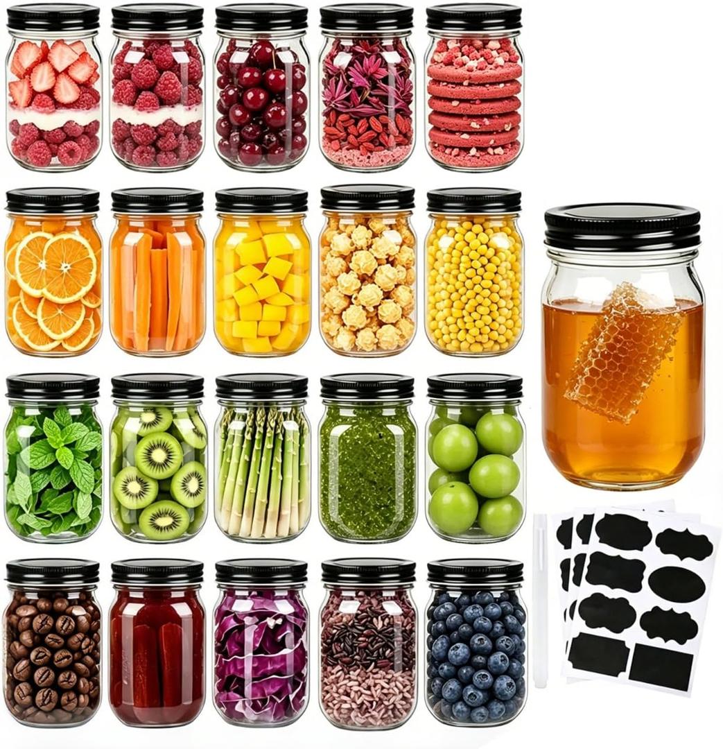 QAPPDA Mason Jars,Glass Jars With Lids 12 oz,Canning Jars For Pickles And Kitchen Storage,Wide Mouth Spice Jars With Black Lids For Honey,Caviar,Herb,Jelly,Jams,Set of 20
