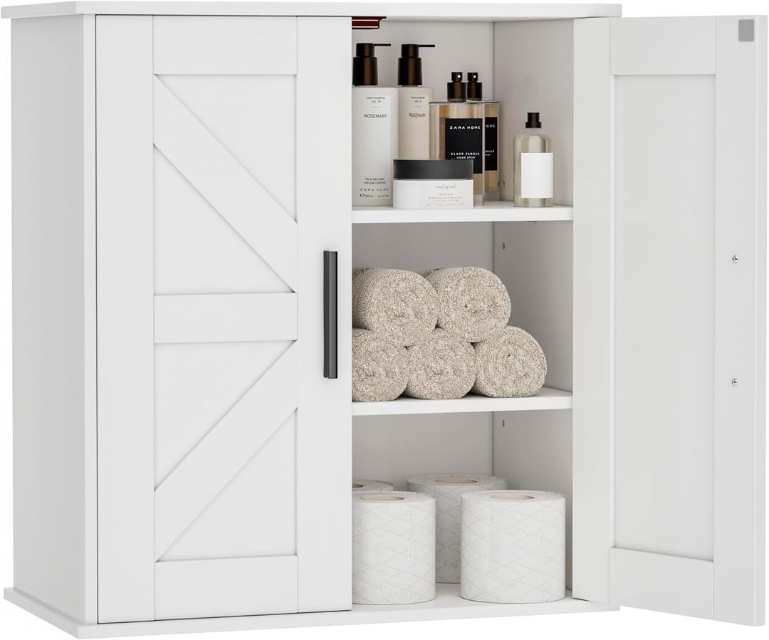 Homleke Bathroom Wall Cabinet, Over Toilet Storage Cabinet with Barn Doors and Adjustable Shelves, 3-Tier Medicine Cabinet Wall Mounted, for Bathroom, Kitchen, Entryway, Laundry Room, White, (11.8" D)