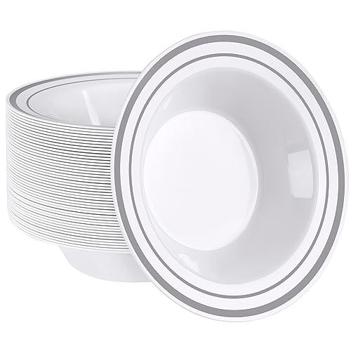 SETUP [12 oz. - 50 Piece Dessert Soup Bowls with Silver Rim, Plastic Bowls Disposable - Premium Heavy-Duty Disposable Soup Bowls for Party, Wedding, and All Occasions