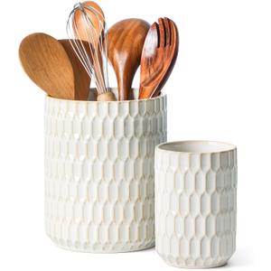 Utensil Holder, 7.5"+5.3" Ceramic Kitchen Utensil Holder for Countertop, Large Cooking Utensil Crock for Kitchen Counter, Set of 2, Beige