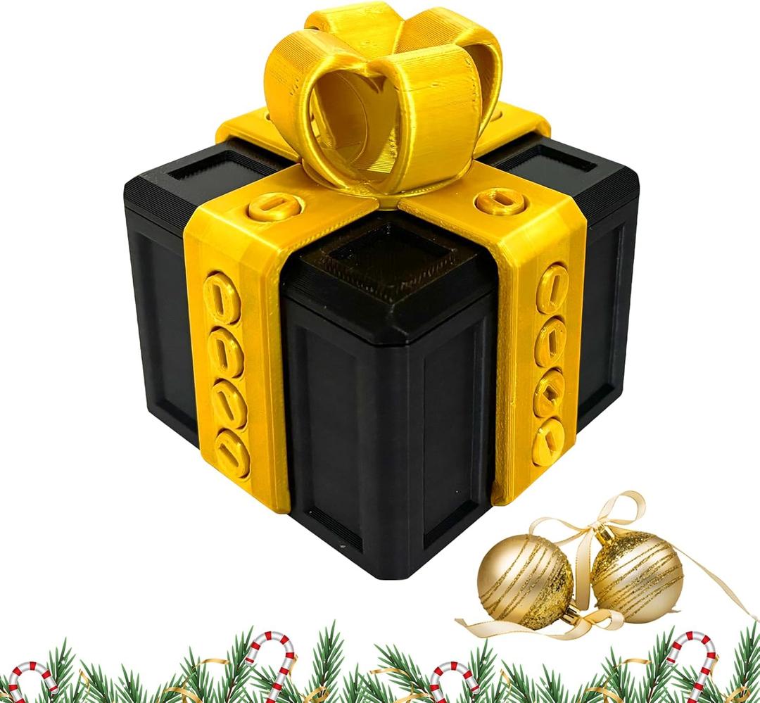 PUEEZOC Annoying Gift Box with Screws Hard to Open Gift Box Prank Gifts Funny Annoying Present Box Novelty 3D Printed Gag Gift for Christmas(Black Gold)