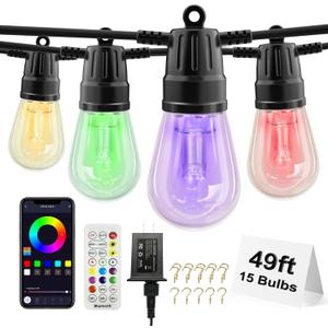 Voneta Outdoor RGBW String Lights, 49ft 15 Bulbs Patio Lights with Remote & APP, S14 Dimmable Color Changing IP68 Waterproof Dimmable LED Hanging for Garden Yard Porch Party