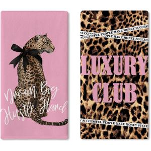 Leopard Print Pink Kitchen Dish Towels Set of 2, Inspirational Cheetah Dream Big Hustle Hard Girl Women Drying Hand Towel Baking Cooking Cloth, Luxury Club Bathroom Home Decoration 18'' x 26''