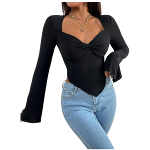 Women's Long Sleeve Square Neck Crop Top Twist Front Asymmetrical Shirt Black, XS