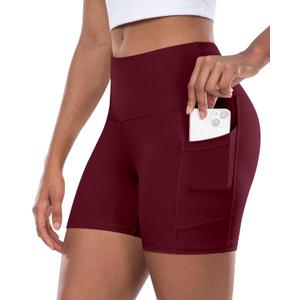 CHRLEISURE Womens Biker Yoga Shorts with Pocket, High Waisted Tummy Control 5 Inch Workout Spandex Athletic Gym Shorts (Large, Burgundy)
