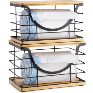 Extra Large Trash Bag Holder Stackable Kitchen Storage, 2 Pack Wall Mounted Pantry Organizers and Storage with Bamboo Top, Garbage Bag Dispenser Under Sink for Laundry Room and Kitchen (Wood Bottom Black-2 Pack)