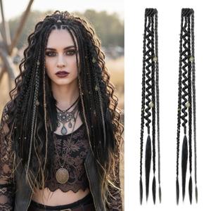 REECHO Clip in Braid Hair Extensions for Women, 20" Boho Dreadlock Clip in Braids with Beads & Charms, 2PCS Synthetic Braided Hairpieces for Cosplay Daily, Black with Gray