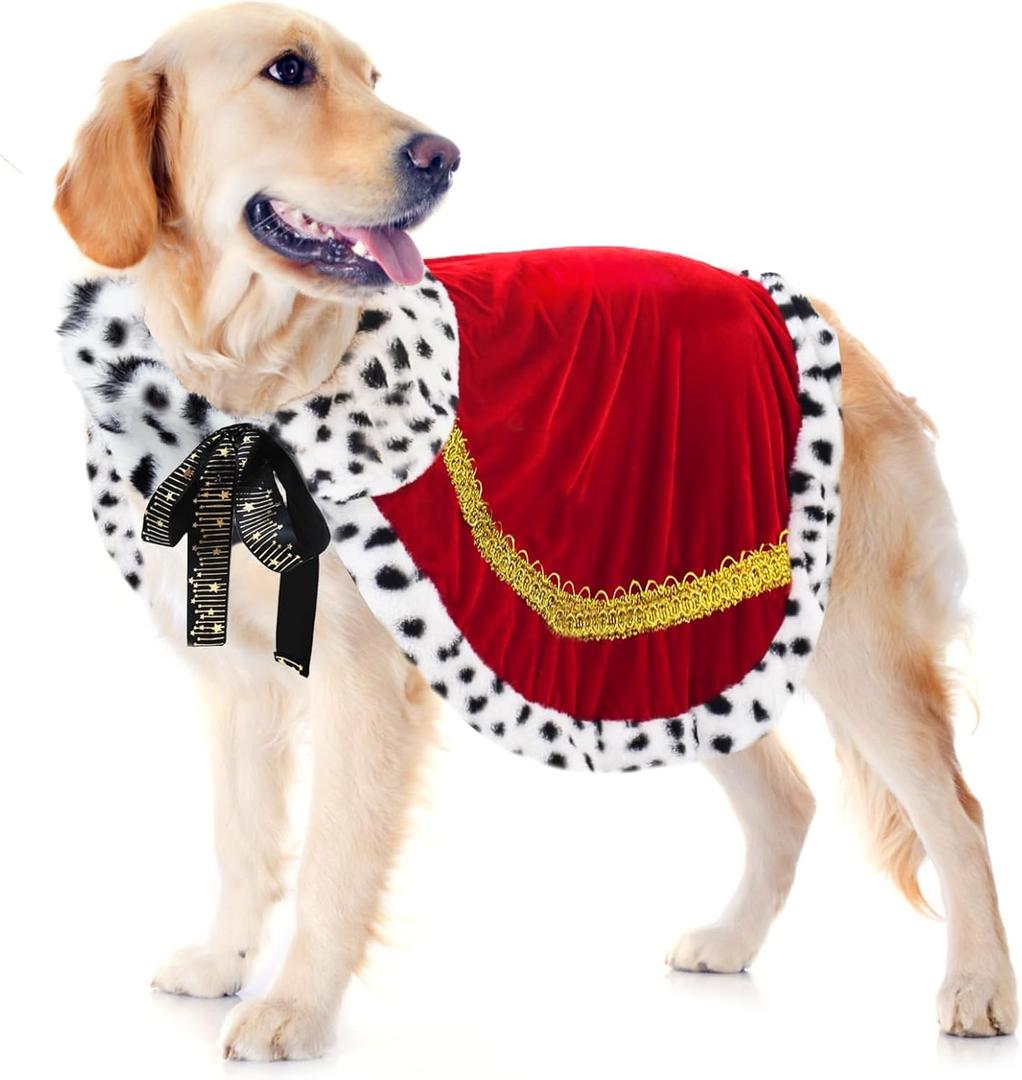Pet King Cloak Christmas Dog Costumes Lux Fur Red Royal Cape Cat Robe Warm Winter Coat Outfit Medium Large Dogs Prince Costume Xmas Queen Clothes Princess Cosplay Birthday Dress (Red, Large)