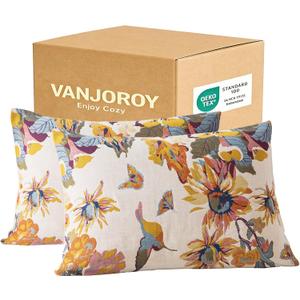 100% Organic Washed Cotton Queen Pillowcases for Skin-Friendly Set of 2-1000 Thread Thick Count 20x30 Inches Luxury Boho Pillow Cases, Muslin Bird Floral Pattern Pillow Cover -Beige (Ink Flower)