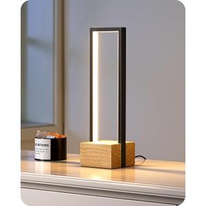EDISHINE Modern Table Lamp, Dimmable LED Bedside Lamp with 3 Color Temps 3000K 4500K 6000K, Black Square Aluminum Frame, Complete Wooden Base, Nightstand Lamp for Bedroom